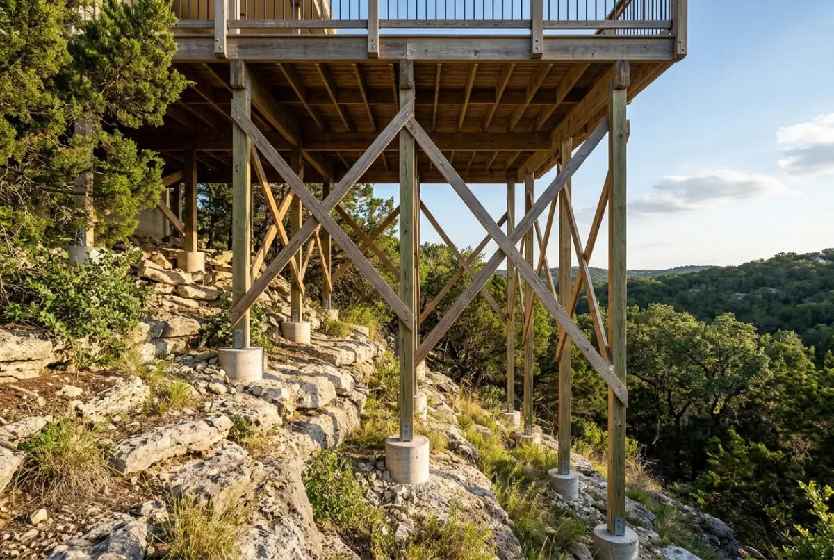 Raised wood deck on tall braced posts over a rocky Hill Country slope